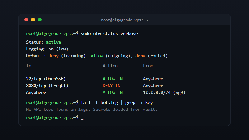 Terminal window showing server firewall rules and API key configuration for a self-hosted trading bot